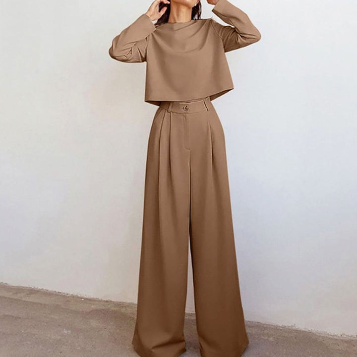Damen Hosen-Set langärmliges Crop-Top Weites Bein Hochbund