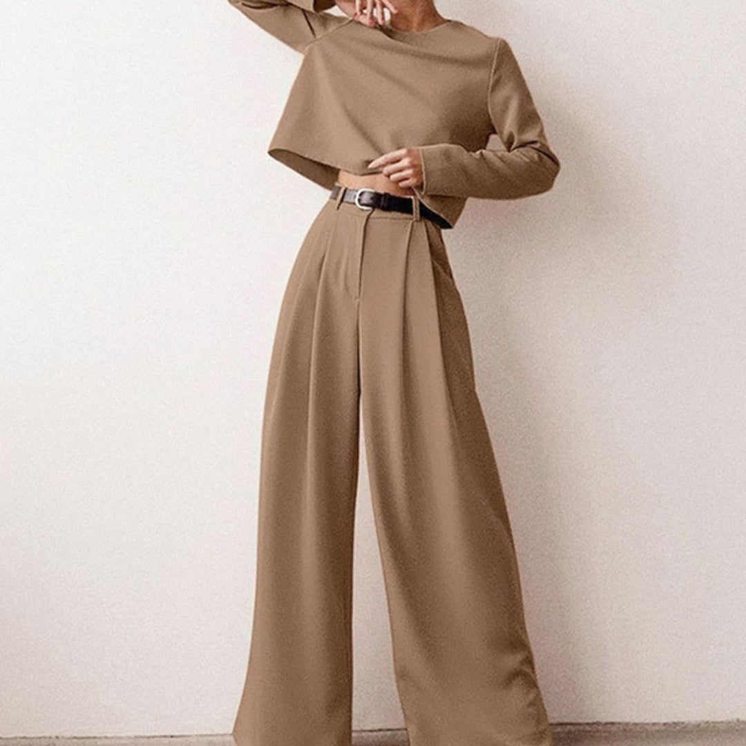 Damen Hosen-Set langärmliges Crop-Top Weites Bein Hochbund - Khaki