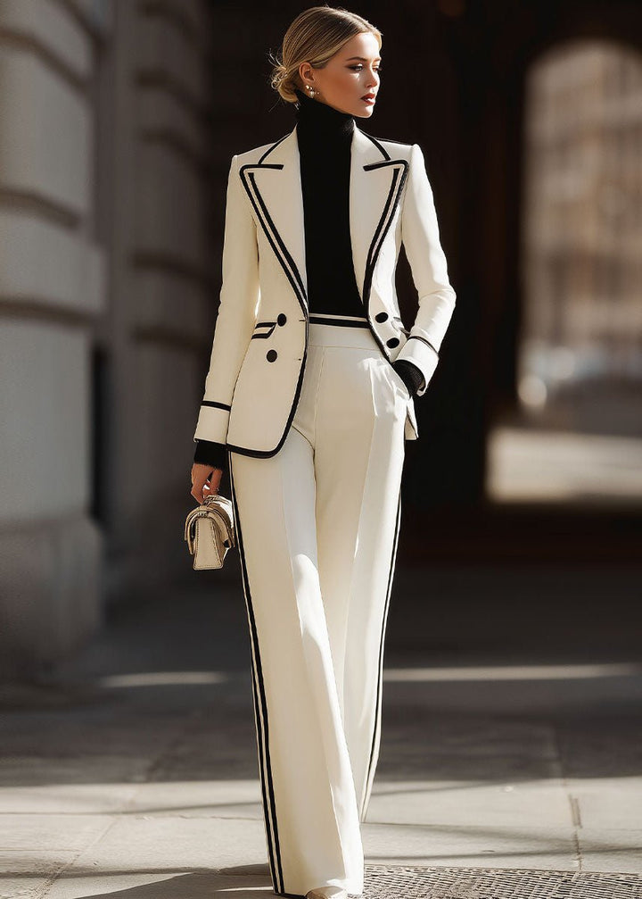 Damen Hosenanzug Zweiteiler Blazer Kontrastpaspel Business - White