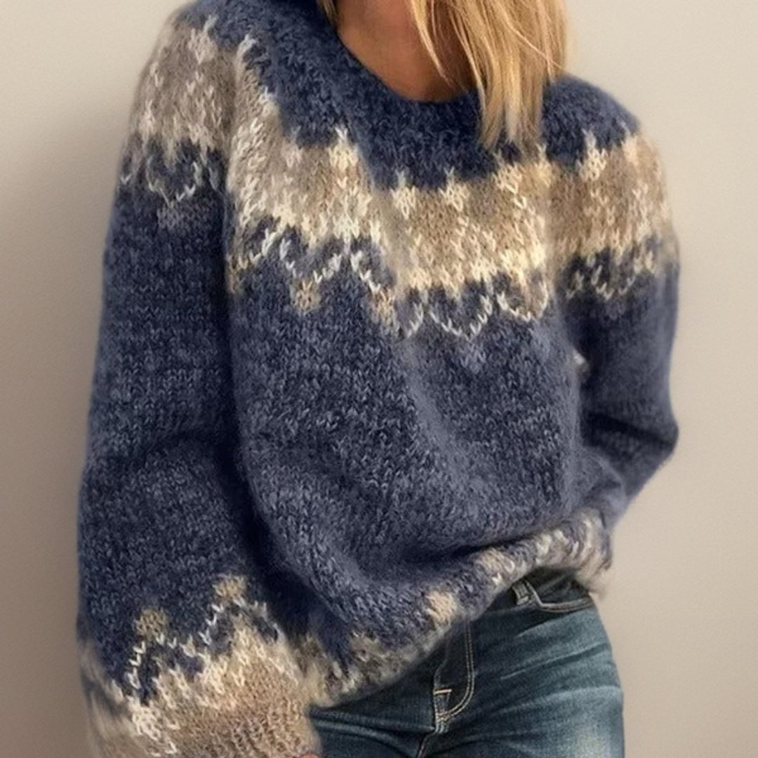 Damen Jacquard Knit Sweater Isländischer Rundhals Strickpullover - Blau