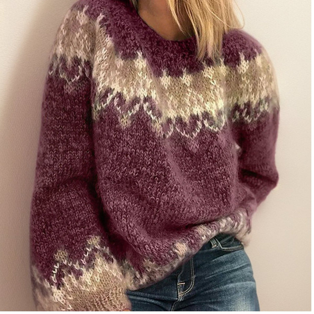 Damen Jacquard Knit Sweater Isländischer Rundhals Strickpullover - Rot