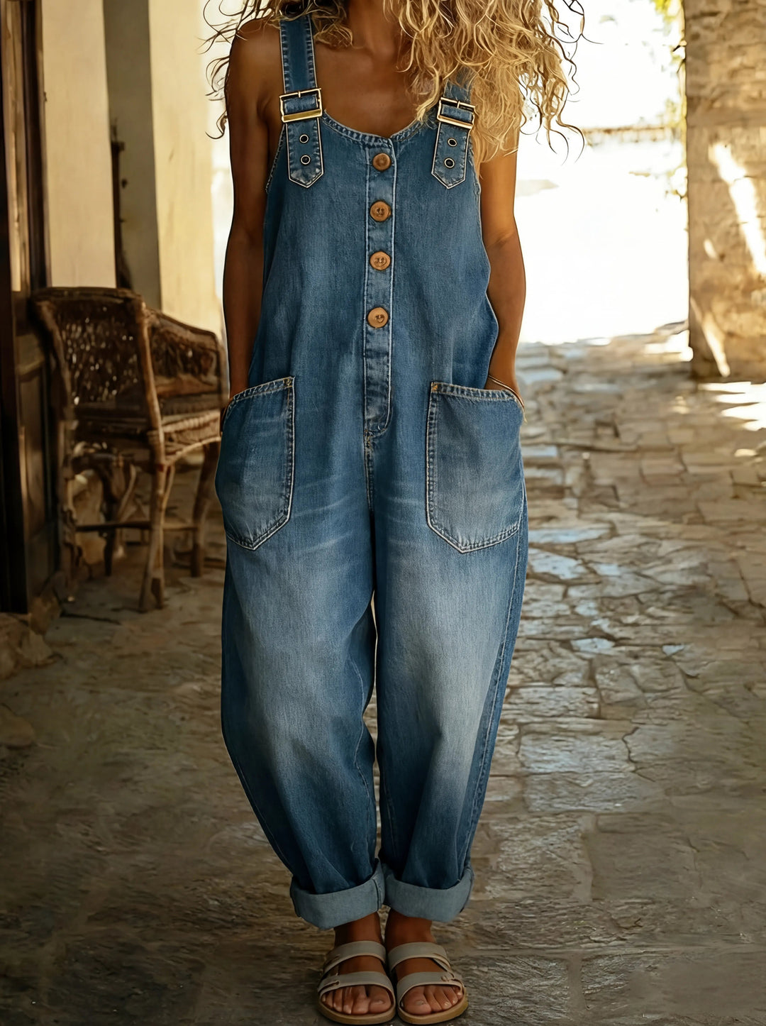 Damen Jeans Latzhose Weit Verstellbare Träger Taschen - Denim