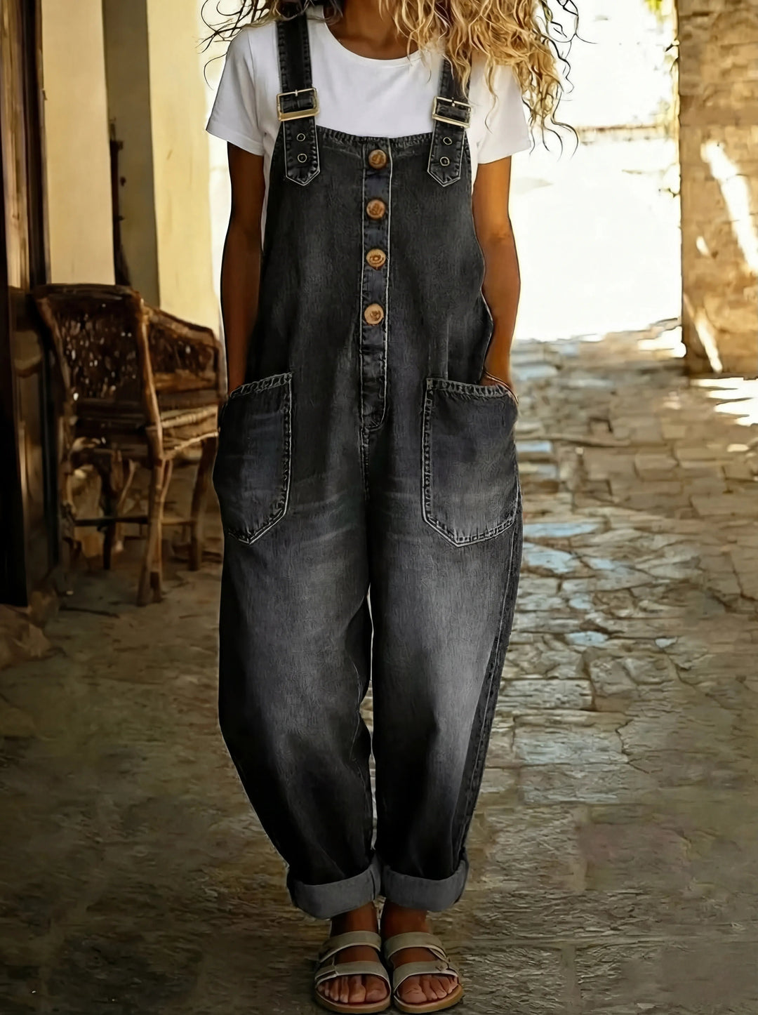Damen Jeans Latzhose Weit Verstellbare Träger Taschen - Schwarz