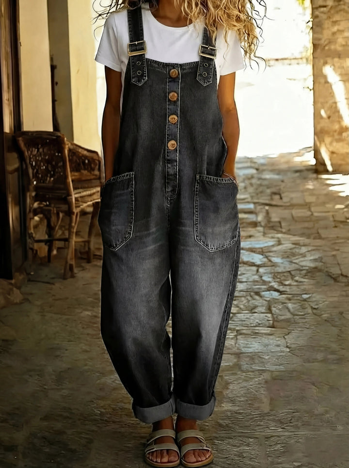 Damen Jeans Latzhose Weit Verstellbare Träger Taschen - Schwarz