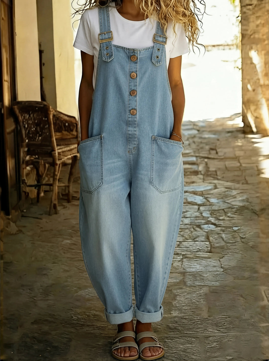 Damen Jeans Latzhose Weit Verstellbare Träger Taschen - Hellblau