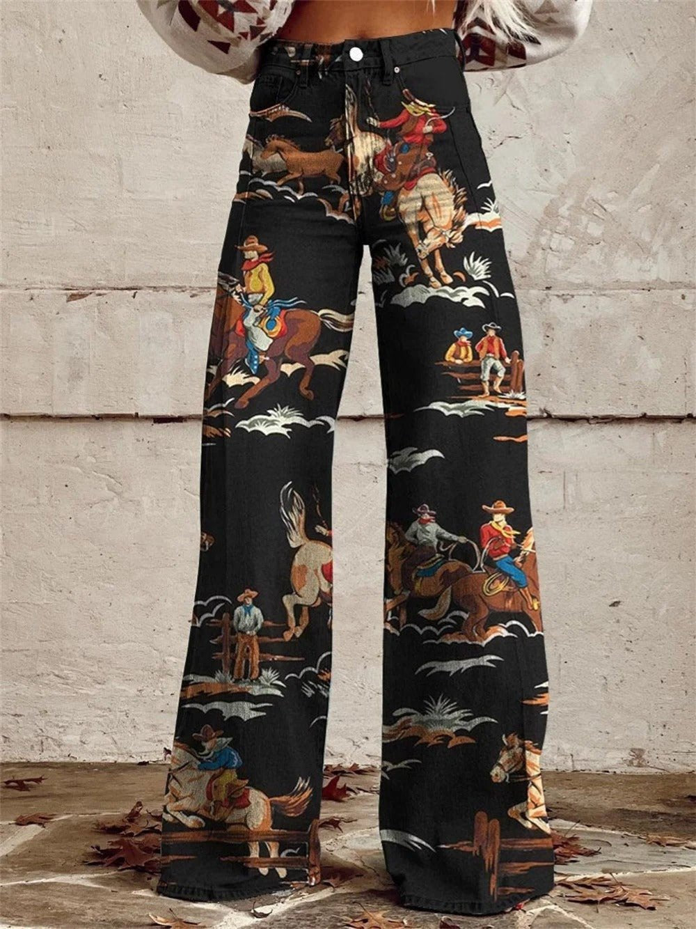 Damen Jeans Western Print High-Waist Wide-Leg Hose - Black