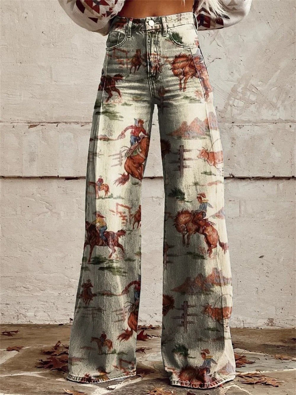 Damen Jeans Western Print High-Waist Wide-Leg Hose - Beige