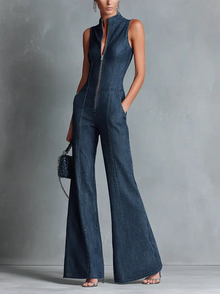 Damen Jumpsuit Schlaghose Reißverschluss - Blue