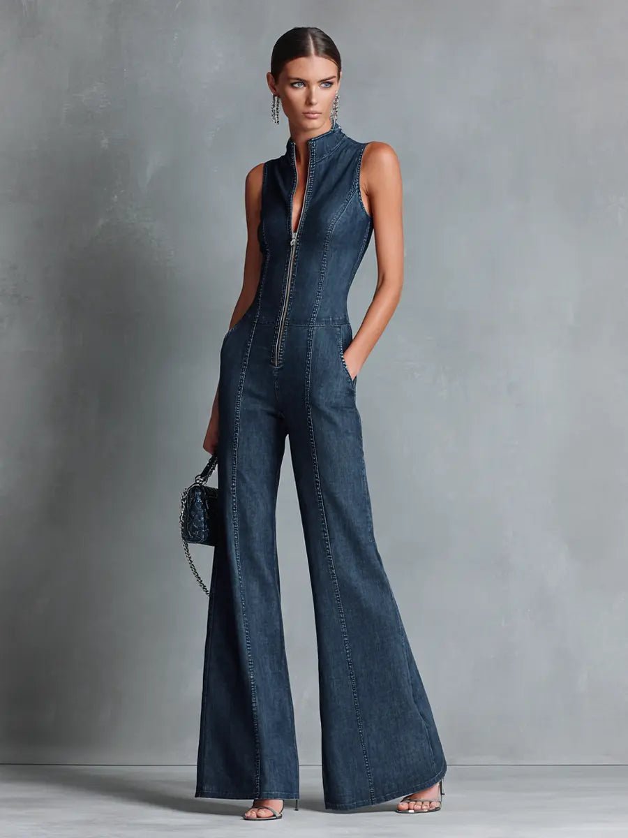 Damen Jumpsuit Schlaghose Reißverschluss