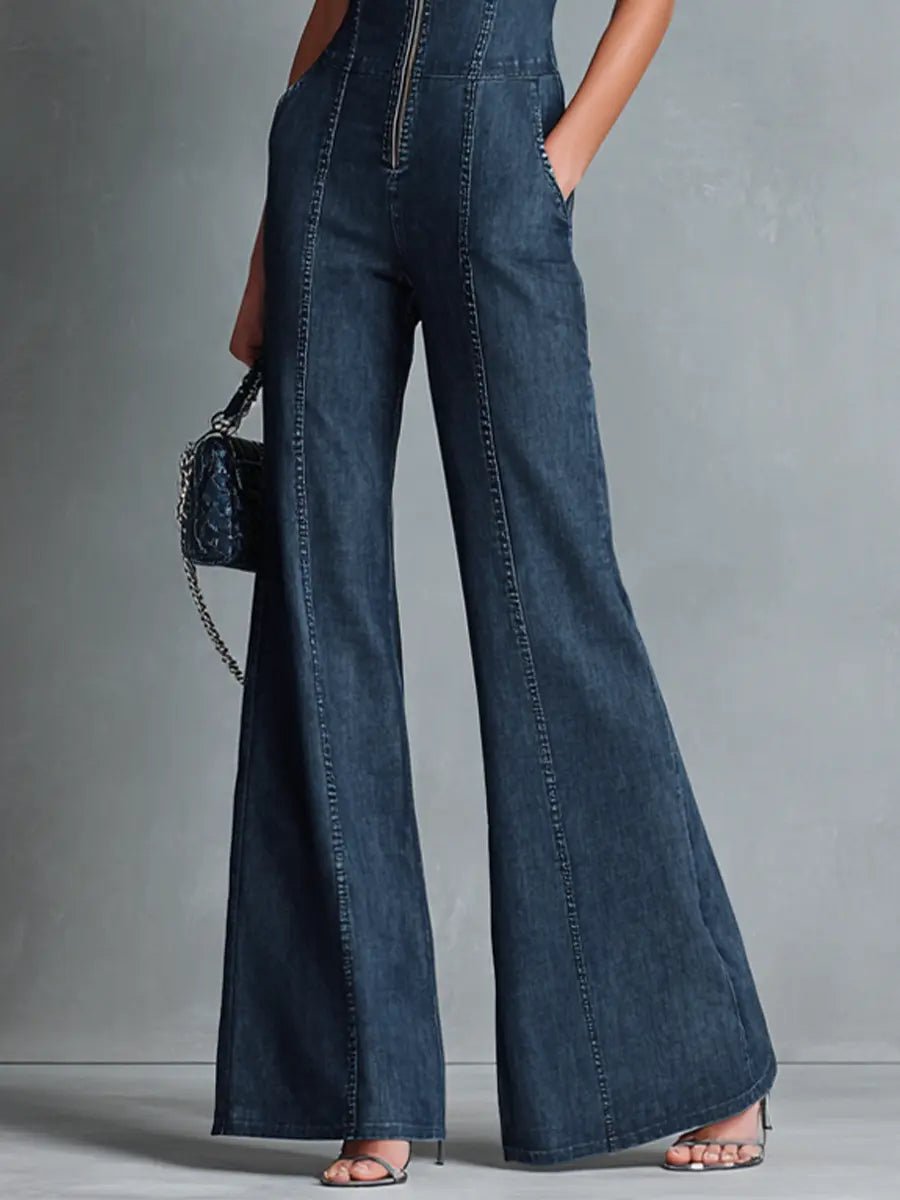 Damen Jumpsuit Schlaghose Reißverschluss