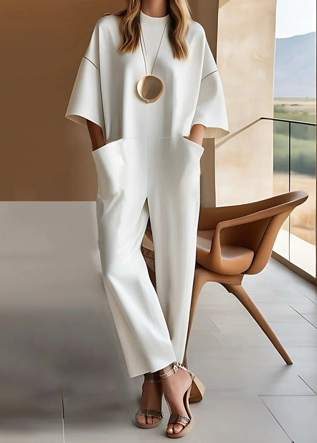 Damen Jumpsuit Weites Bein Kurze Ärmel Rundhals - White