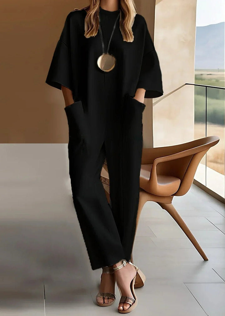 Damen Jumpsuit Weites Bein Kurze Ärmel Rundhals - Black