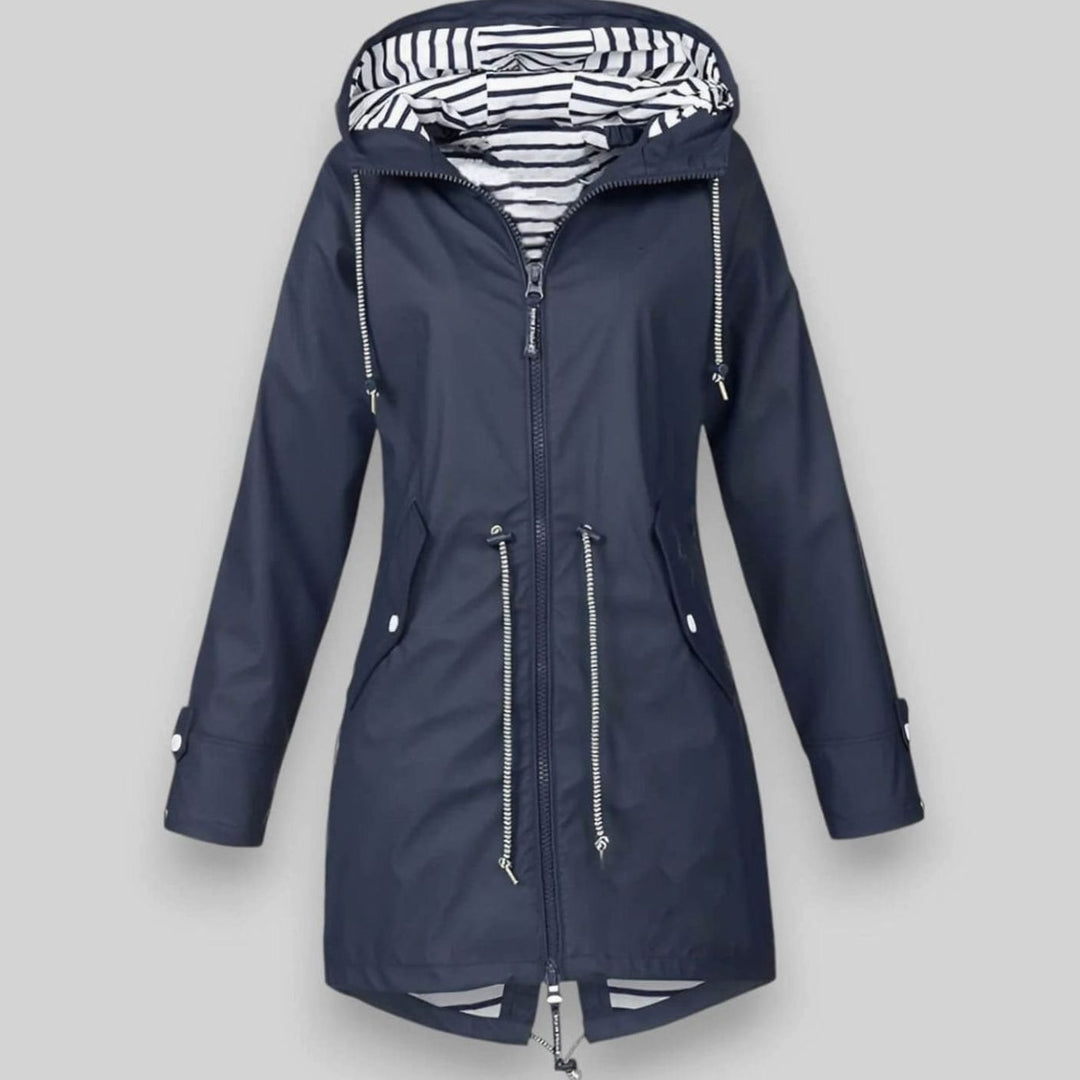 Damen Kapuzen-Reißverschluss Regenjacke mit gestreiftem Innenfutter - Dunkelblau