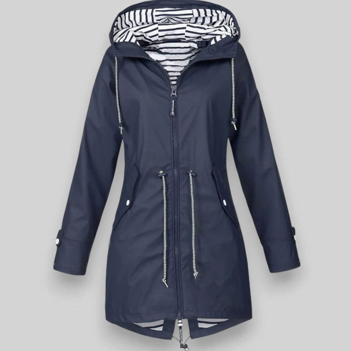 Damen Kapuzen-Reißverschluss Regenjacke mit gestreiftem Innenfutter - Dunkelblau