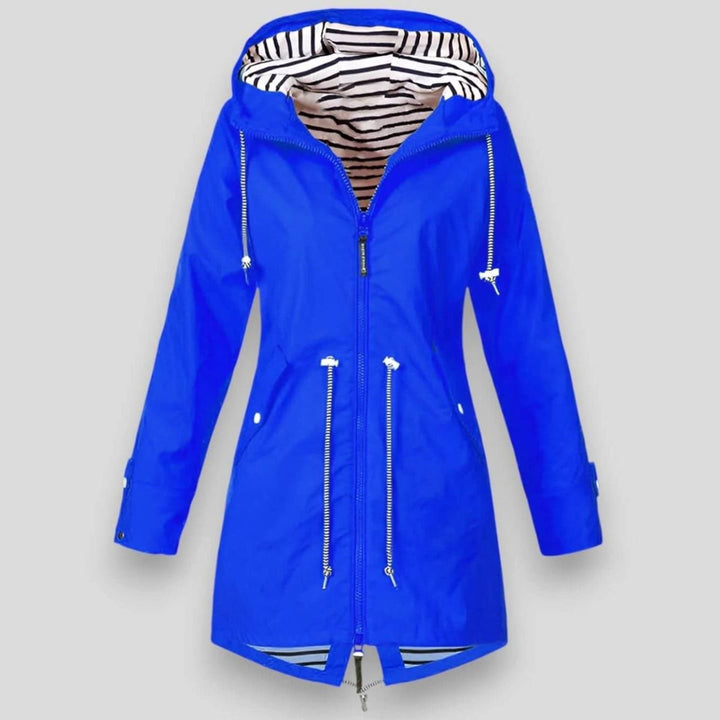 Damen Kapuzen-Reißverschluss Regenjacke mit gestreiftem Innenfutter - Blau