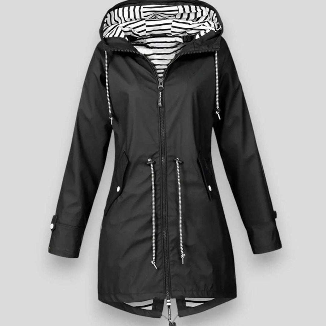 Damen Kapuzen-Reißverschluss Regenjacke mit gestreiftem Innenfutter - Schwarz