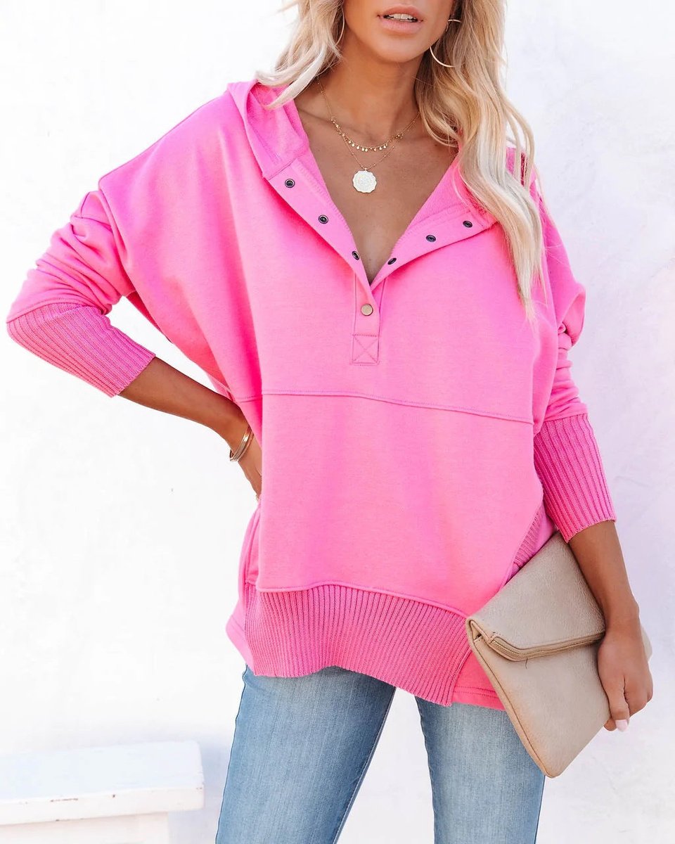 Damen Kapuzen-Tunika langarm oversized Hoodie mit Knopfleiste