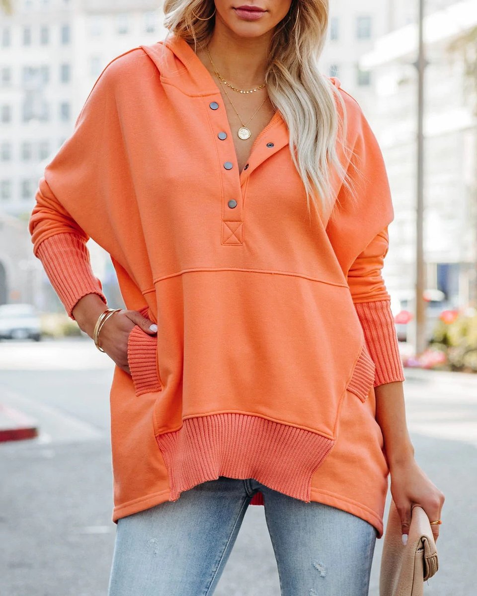 Damen Kapuzen-Tunika langarm oversized Hoodie mit Knopfleiste