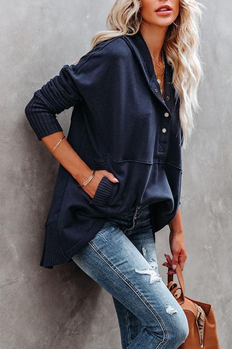 Damen Kapuzen-Tunika langarm oversized Hoodie mit Knopfleiste