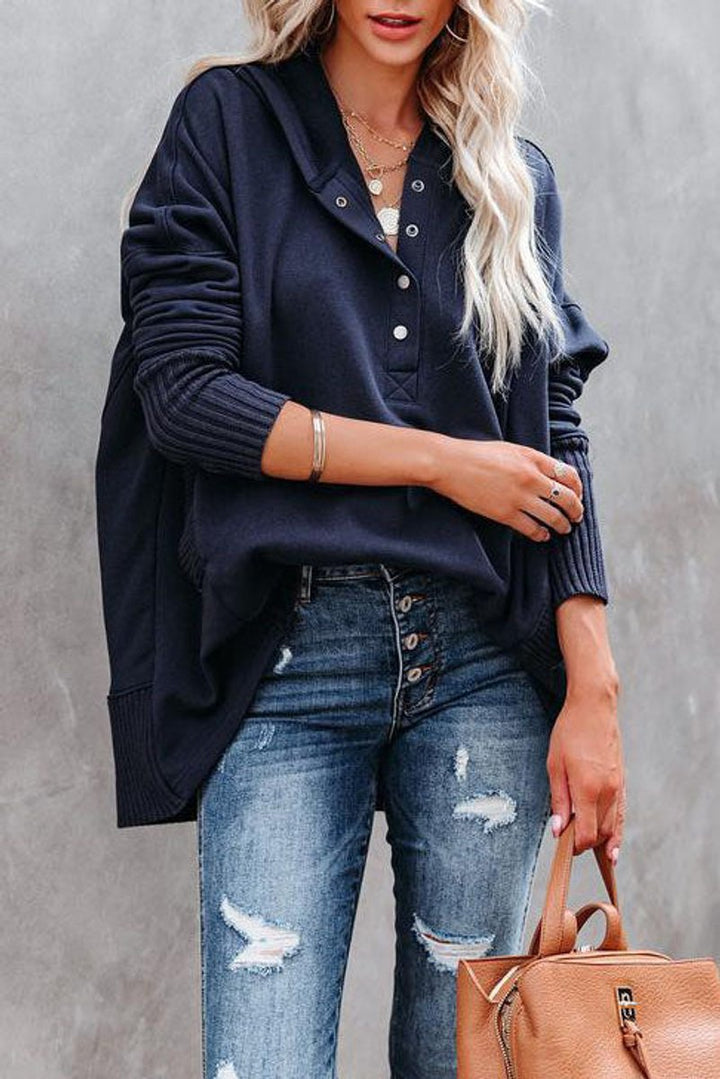 Damen Kapuzen-Tunika langarm oversized Hoodie mit Knopfleiste
