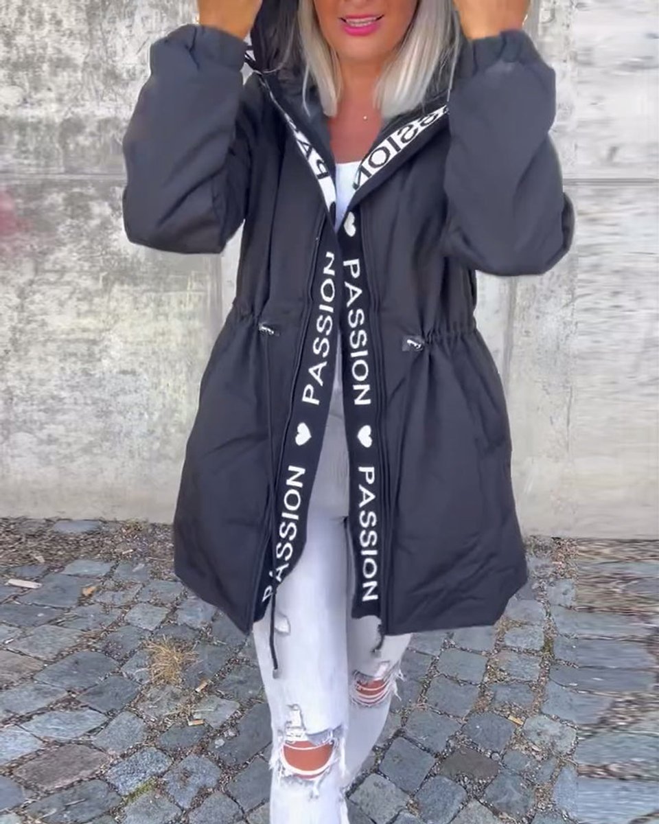 Damen Kapuzenmantel Lockere Passform Tunnelzug Mittellang Women Coat - Schwarz