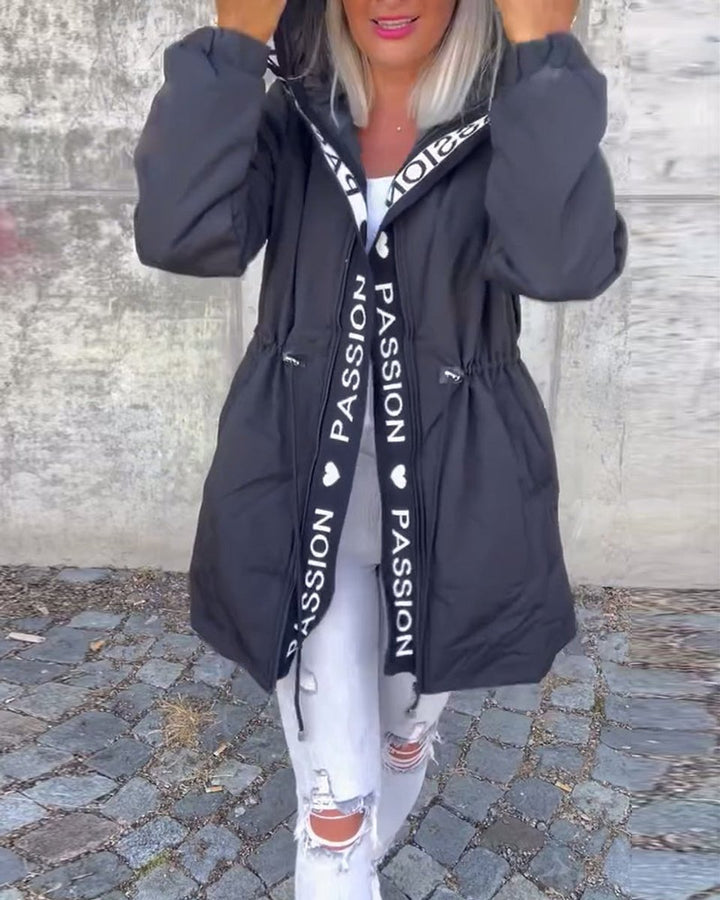 Damen Kapuzenmantel Lockere Passform Tunnelzug Mittellang Women Coat - Schwarz