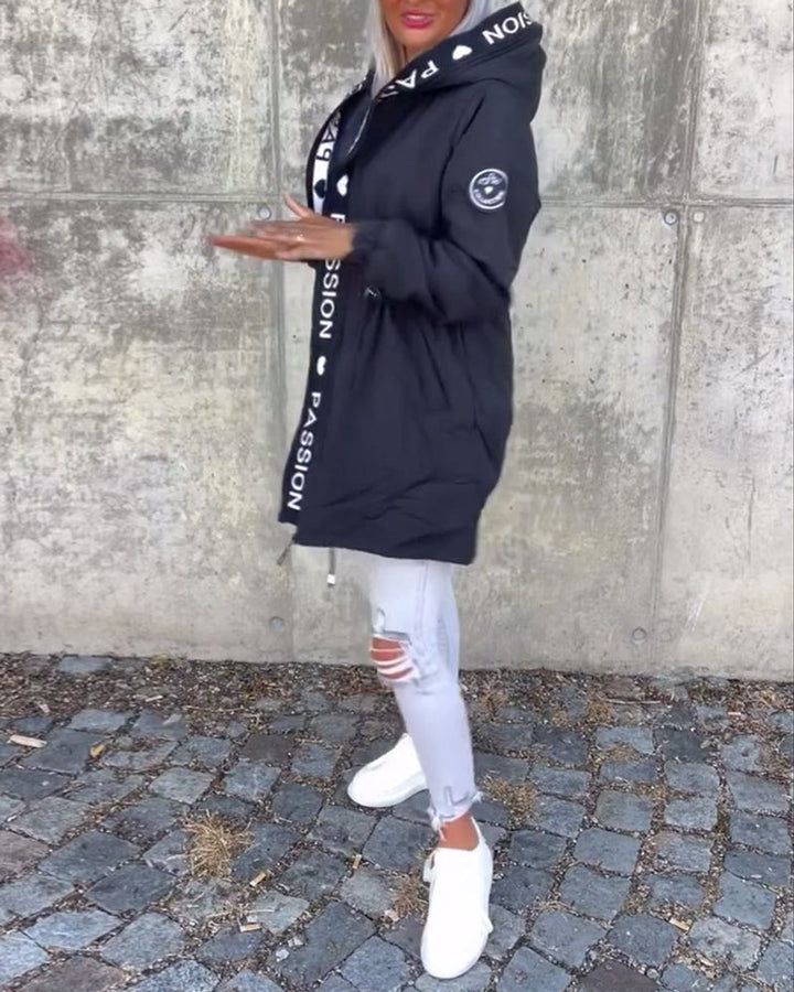 Damen Kapuzenmantel Lockere Passform Tunnelzug Mittellang Women Coat