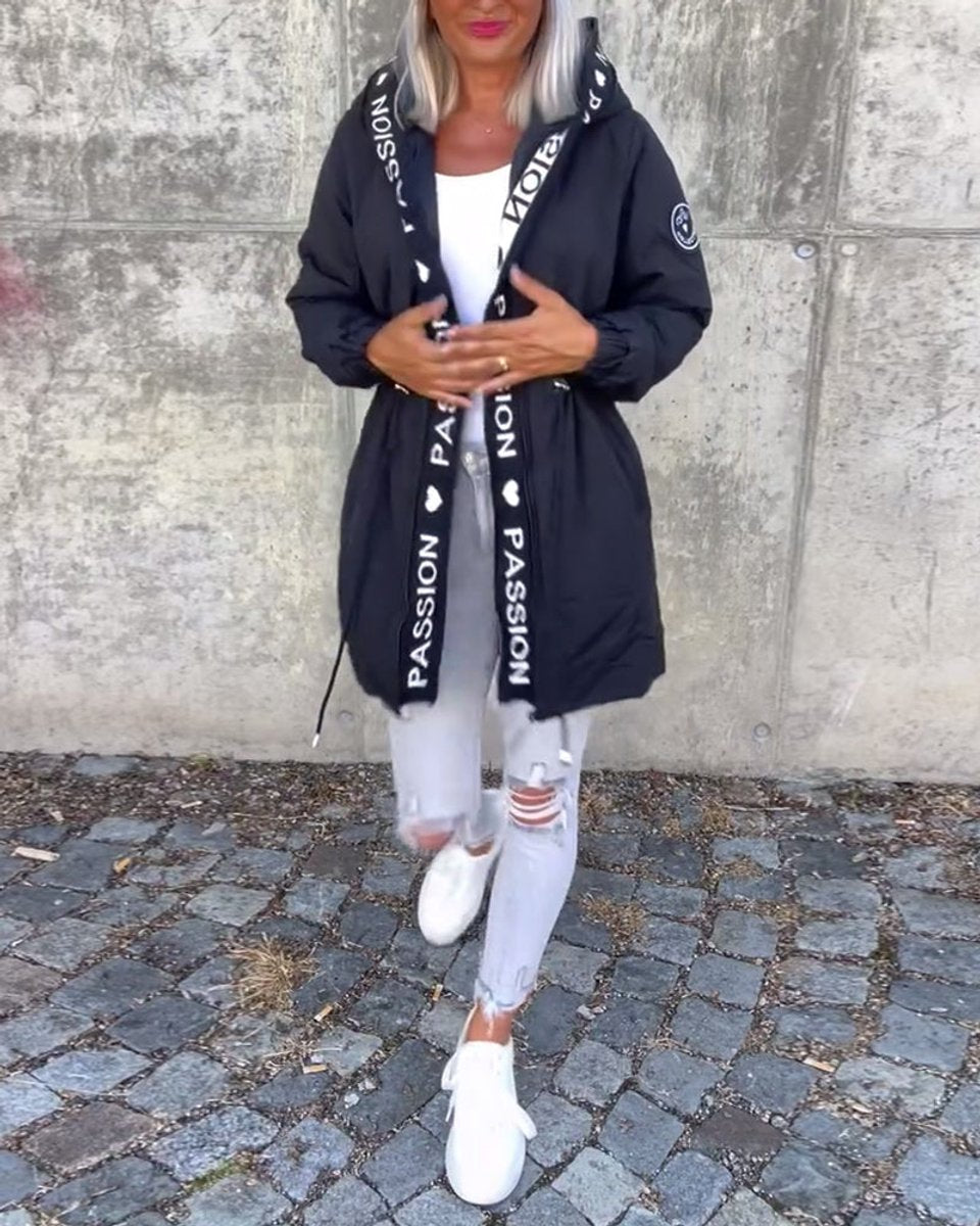Damen Kapuzenmantel Lockere Passform Tunnelzug Mittellang Women Coat