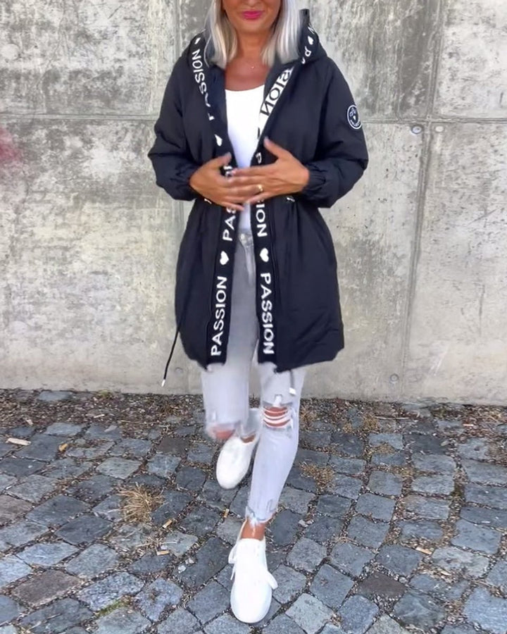 Damen Kapuzenmantel Lockere Passform Tunnelzug Mittellang Women Coat