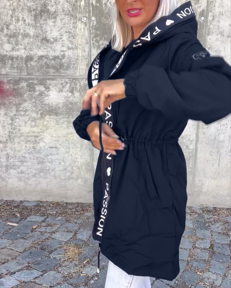 Damen Kapuzenmantel Lockere Passform Tunnelzug Mittellang Women Coat