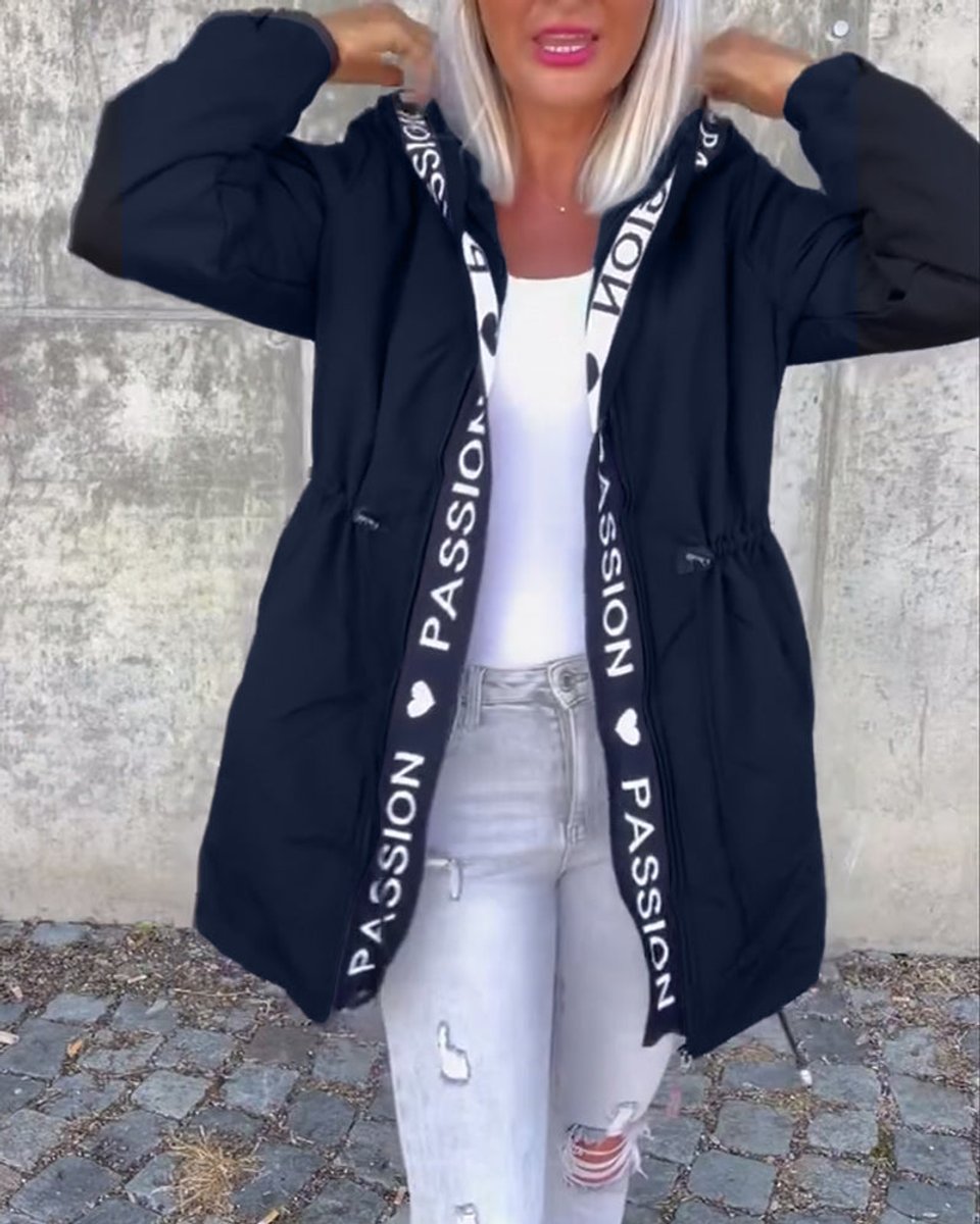 Damen Kapuzenmantel Lockere Passform Tunnelzug Mittellang Women Coat