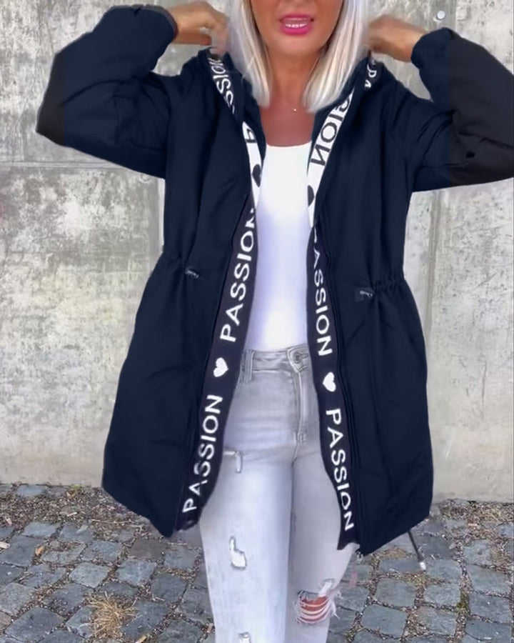 Damen Kapuzenmantel Lockere Passform Tunnelzug Mittellang Women Coat