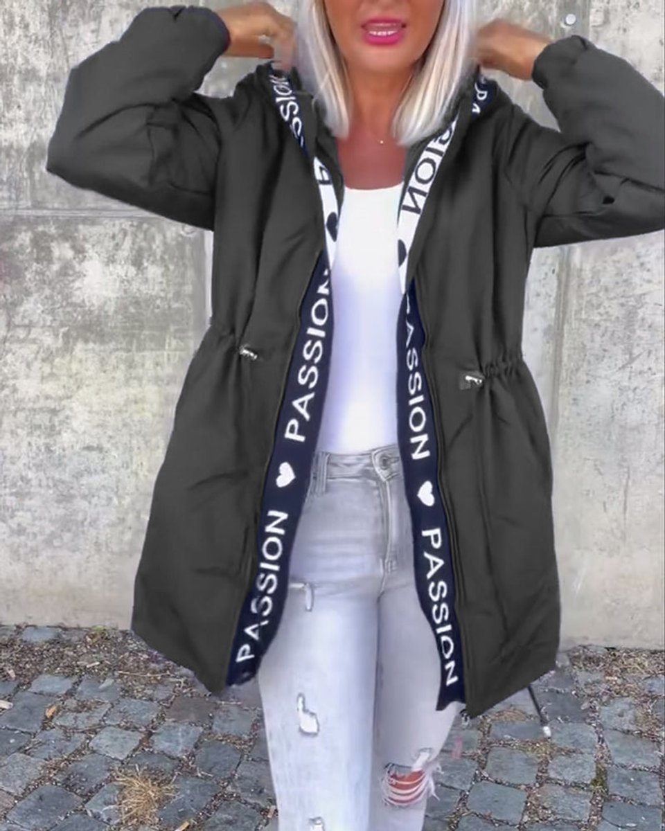 Damen Kapuzenmantel Lockere Passform Tunnelzug Mittellang Women Coat