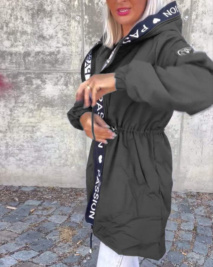 Damen Kapuzenmantel Lockere Passform Tunnelzug Mittellang Women Coat