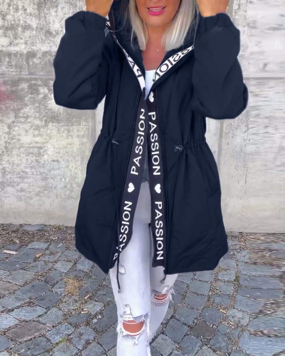 Damen Kapuzenmantel Lockere Passform Tunnelzug Mittellang Women Coat - Marineblau