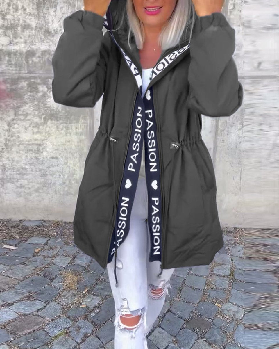 Damen Kapuzenmantel Lockere Passform Tunnelzug Mittellang Women Coat - Grau