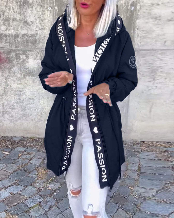 Damen Kapuzenmantel Lockere Passform Tunnelzug Mittellang Women Coat