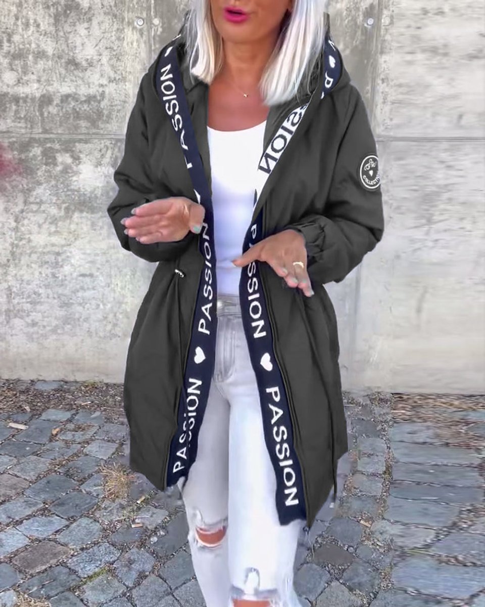 Damen Kapuzenmantel Lockere Passform Tunnelzug Mittellang Women Coat