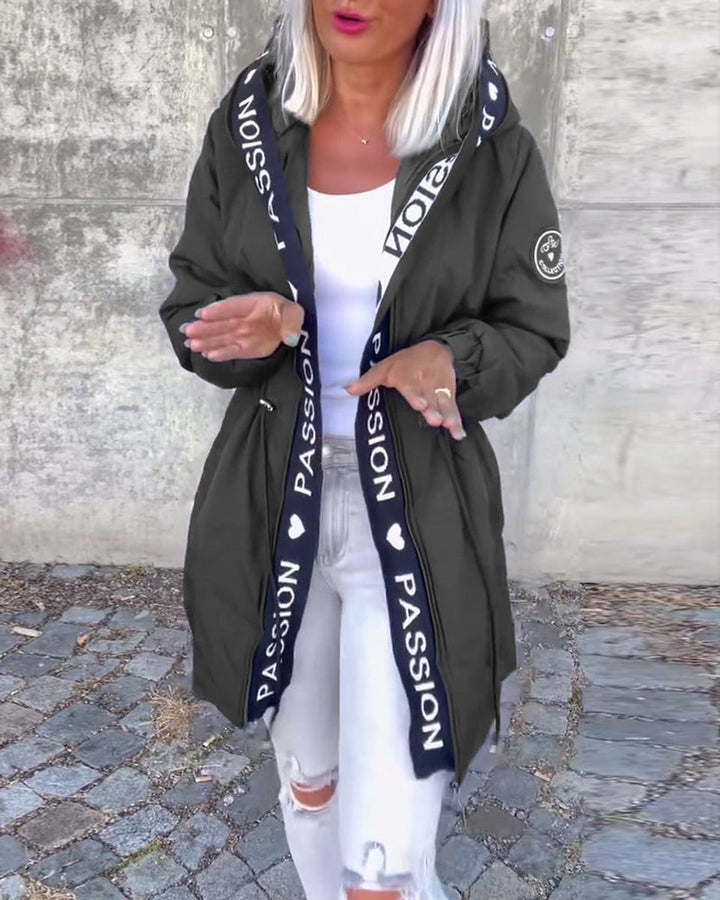 Damen Kapuzenmantel Lockere Passform Tunnelzug Mittellang Women Coat