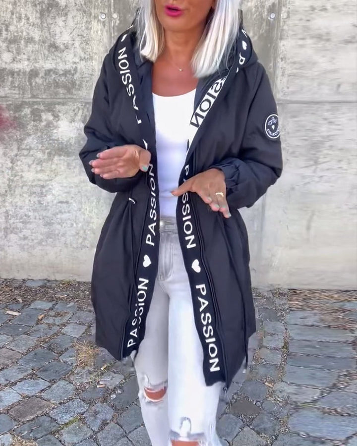 Damen Kapuzenmantel Lockere Passform Tunnelzug Mittellang Women Coat