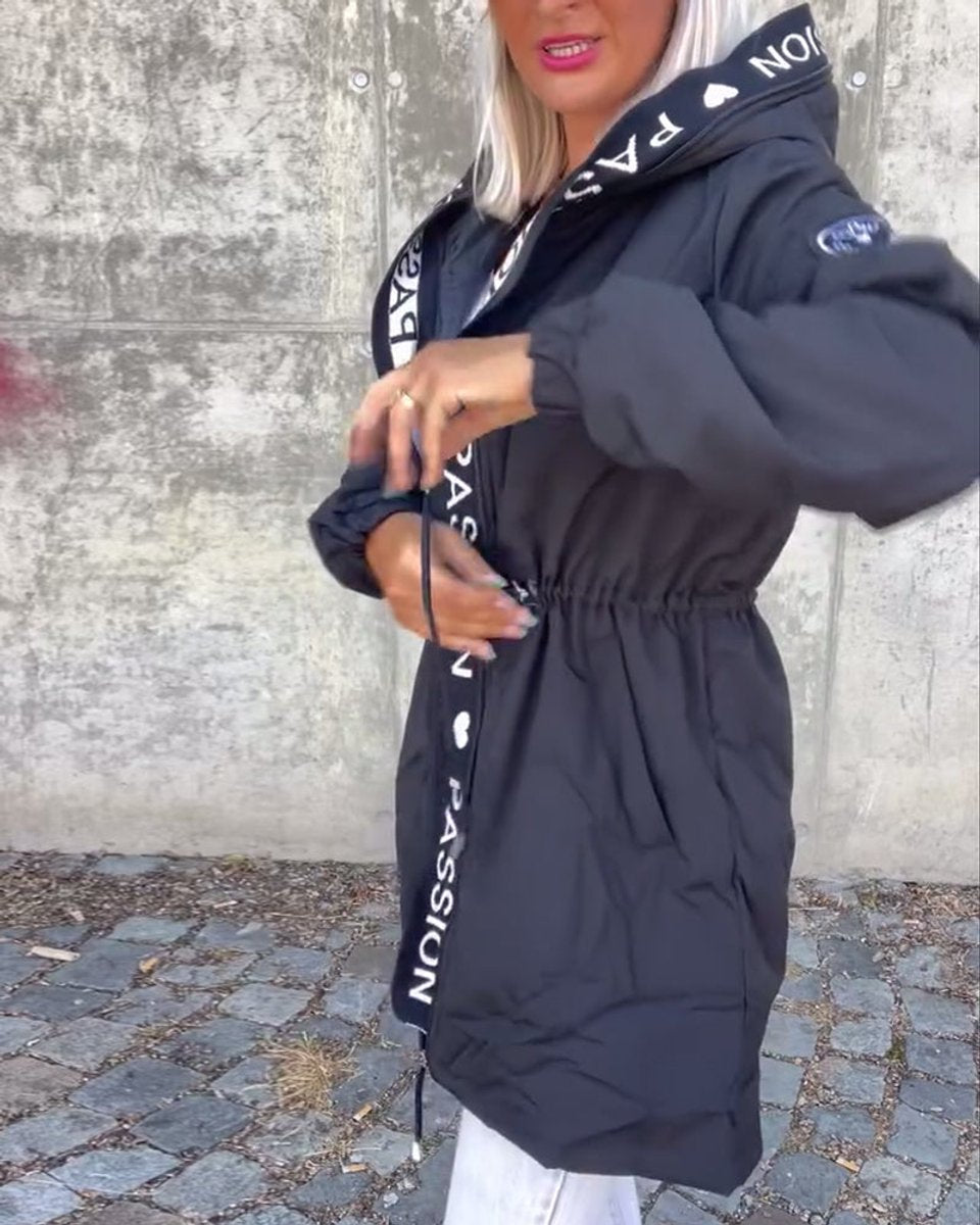 Damen Kapuzenmantel Lockere Passform Tunnelzug Mittellang Women Coat