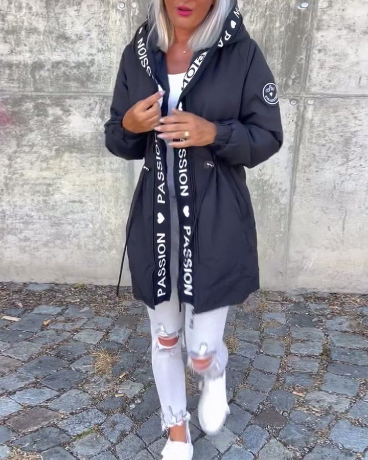 Damen Kapuzenmantel Lockere Passform Tunnelzug Mittellang Women Coat