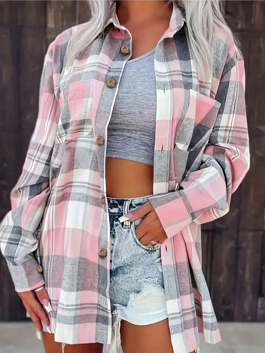 Damen Karierter Flanell Cardigan Oversized Langarm Hemdbluse - Rosa
