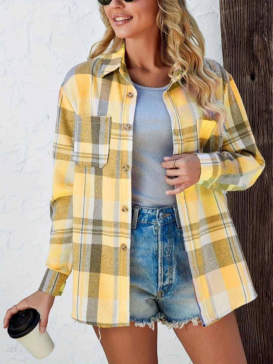 Damen Karierter Flanell Cardigan Oversized Langarm Hemdbluse