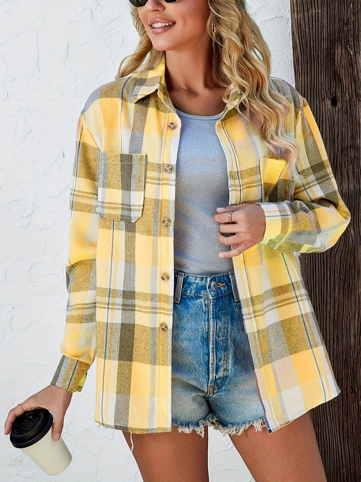 Damen Karierter Flanell Cardigan Oversized Langarm Hemdbluse