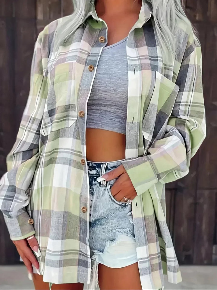 Damen Karierter Flanell Cardigan Oversized Langarm Hemdbluse - Grün