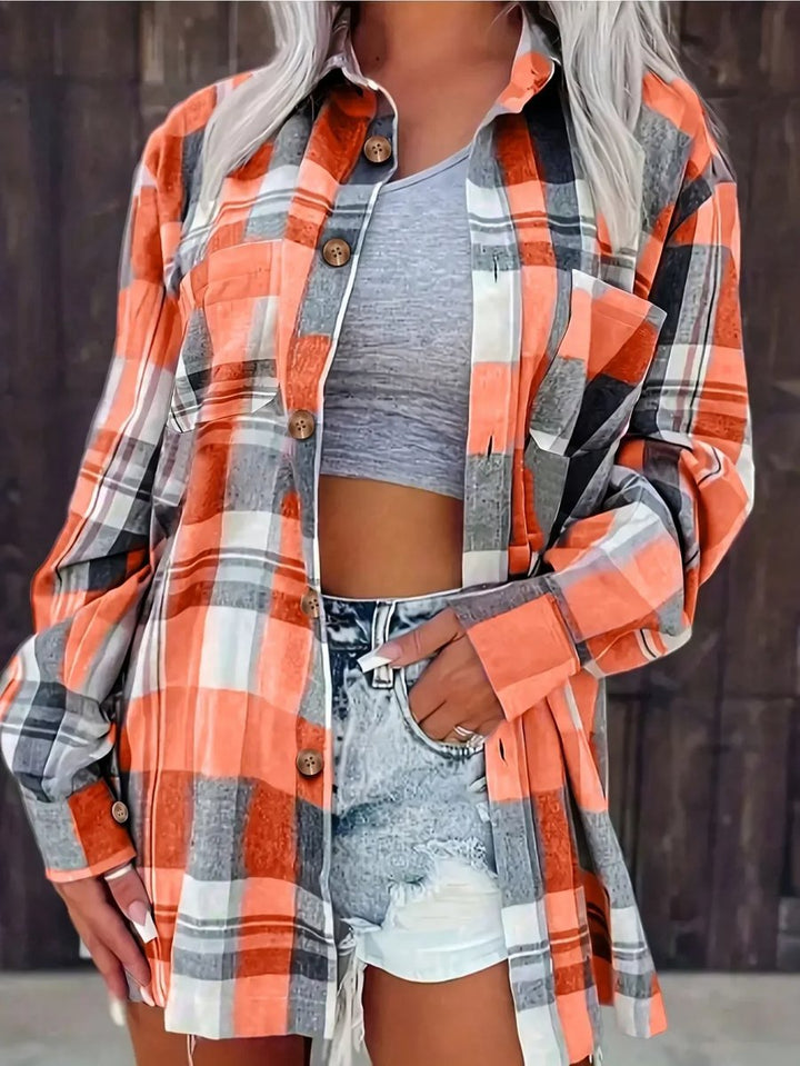 Damen Karierter Flanell Cardigan Oversized Langarm Hemdbluse - Orange