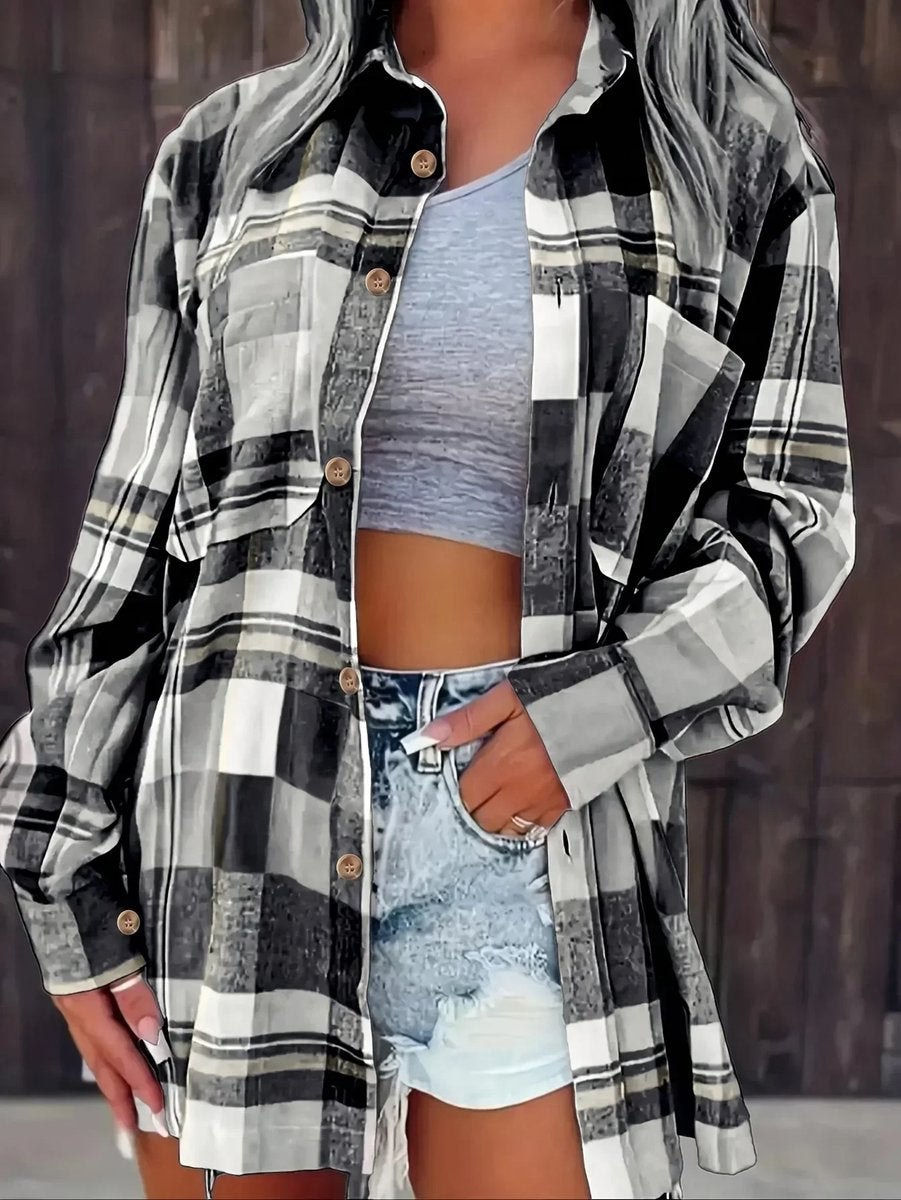 Damen Karierter Flanell Cardigan Oversized Langarm Hemdbluse - Schwarz