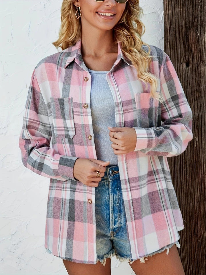 Damen Karierter Flanell Cardigan Oversized Langarm Hemdbluse