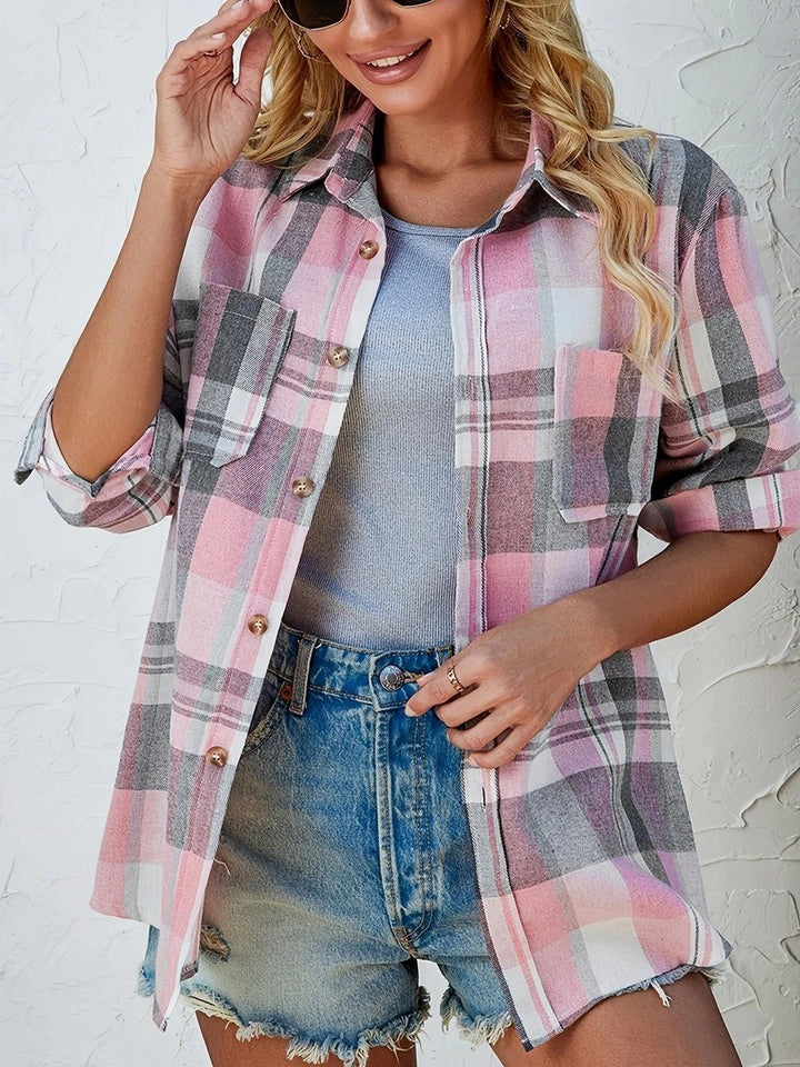 Damen Karierter Flanell Cardigan Oversized Langarm Hemdbluse